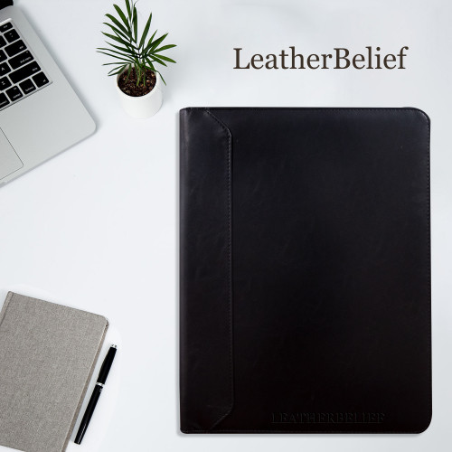 Custom Black Leather Portfolio 3-Ring Binder Padfolio Name&Logo Engraved A4 Document Folder Graduation Gift for Her