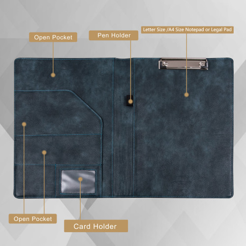 Retro Blue Leather Portfolio with Clipboard A4 Business Padfolio Custom Document Holder Personalized Christmas Gift